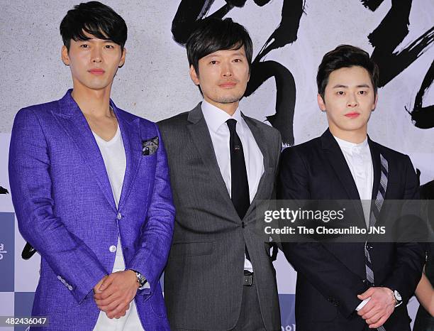 Hyun Bin, Jung Jae-Young and Jo Jeong-Seok attend the movie 'The King's Wrath' press conference at Lotte Cinema on April 2, 2014 in Seoul, South...