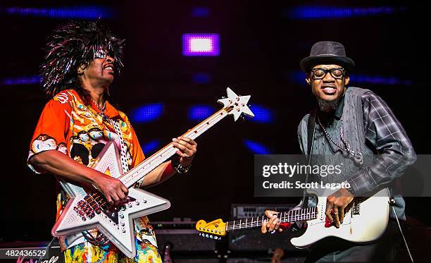 Bootsy Collins and Eric Gayles performs during the Experience Hendrix 2014 Tour at The Fox Theatre on April 3, 2014 in Detroit, Michigan.