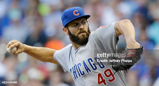 Jake Arrieta of the Chicago Cubs pitches against the Milwaukee Brewers during the first inning against the Milwaukee Brewers at Miller Park on July...