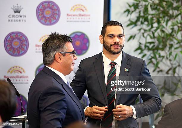 Greg Inglis, South Sydney Rabbitohs NRL captain speaks with Andrew Demetriou, Director of Crown Resorts during the launch of Crown Resorts' second...