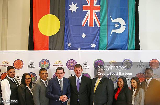 James Packer, Crown Resorts Chairman and Daniel Andrews MP, Premier of Victoria pose with members of the indigenous employee group as they launch...