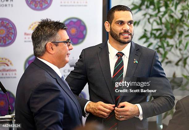 Greg Inglis, South Sydney Rabbitohs NRL captain speaks with Andrew Demetriou, Director of Crown Resorts during the launch of Crown Resorts' second...