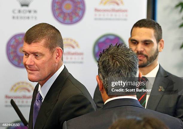 James Packer, Crown Resorts Chairman leaves after speaking with Greg Inglis, South Sydney Rabbitohs NRL captain during the launch of Crown Resorts'...