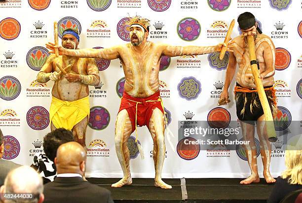 Indigenous dancers perform on stage during the launch of Crown Resorts' second Reconciliation Action Plan on July 31, 2015 in Melbourne, Australia....