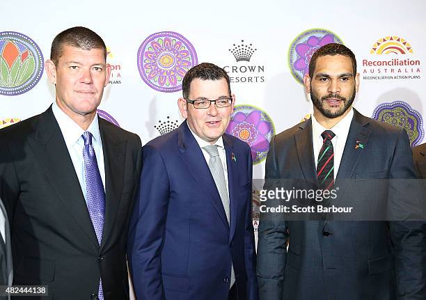 James Packer, Crown Resorts Chairman; Daniel Andrews MP, Premier of Victoria and Greg Inglis, South Sydney Rabbitohs NRL captain arrive at the launch...