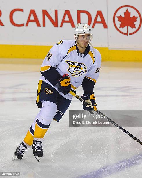 Victor Bartley of the Nashville Predators in action against the Calgary Flames during an NHL game at Scotiabank Saddledome on March 21, 2014 in...