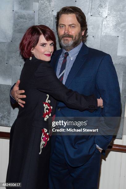 Actors Megan Mullally and Nick Offerman attend "Guys And Dolls" after party at Remi on April 3, 2014 in New York City.