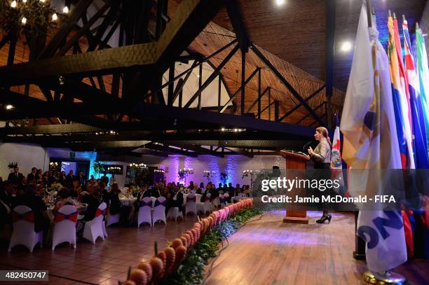 President of Costa Rica Laura Chinchilla Miranda attends the FIFA banquet at the Country Club on April 3, 2014 in San Jose, Costa Rica.