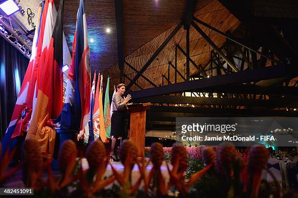 President of Costa Rica Laura Chinchilla Miranda attends the FIFA banquet at the Country Club on April 3, 2014 in San Jose, Costa Rica.