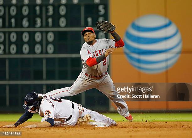 Erick Aybar of the Los Angeles Angels of Anaheim makes a play on Jake Marisnick of the Houston Astros at second base during the eighth inning of...