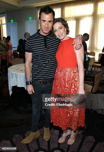 Actors Justin Theroux and Carrie Coon attend the HBO portion of the 2015 Summer TCA Tour at The Beverly Hilton Hotel on July 30, 2015 in Beverly...