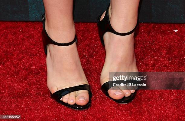 Kiernan Shipka, shoe details, attends the STX Entertainment's "The Gift" Los Angeles premiere at Regal Cinemas L.A. Live on July 30, 2015 in Los...