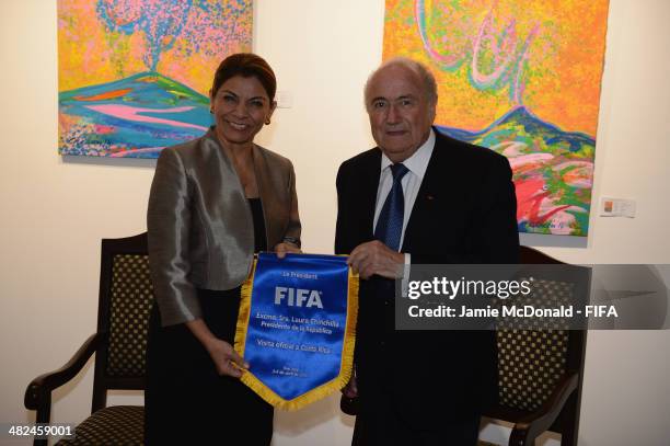 President of Costa Rica Laura Chinchilla Miranda and FIFA President Joseph S. Blatter attend the FIFA banquet at the Country Club on April 3, 2014 in...