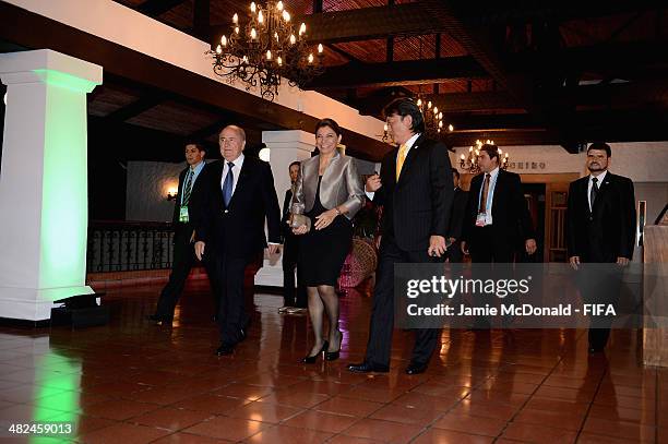 President of Costa Rica Football Federation Eduardo Li, President of Costa Rica Laura Chinchilla Miranda and FIFA President Joseph S. Blatter attend...