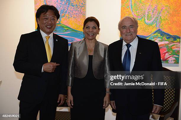 President of Costa Rica Football Federation Eduardo Li, President of Costa Rica Laura Chinchilla Miranda and FIFA President Joseph S. Blatter attend...