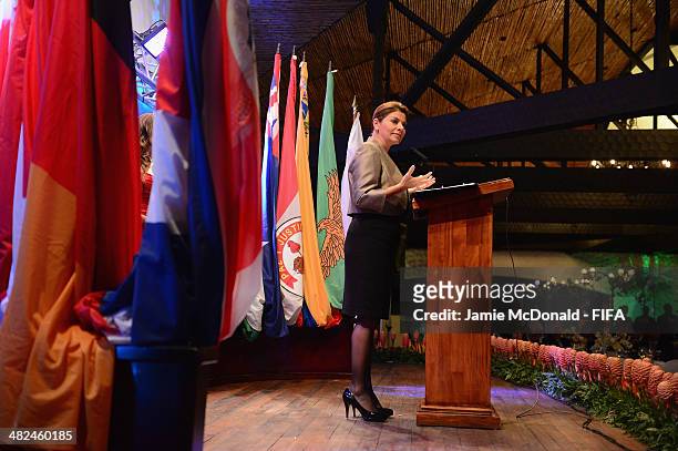 President of Costa Rica Laura Chinchilla Miranda attends the FIFA banquet at the Country Club on April 3, 2014 in San Jose, Costa Rica.