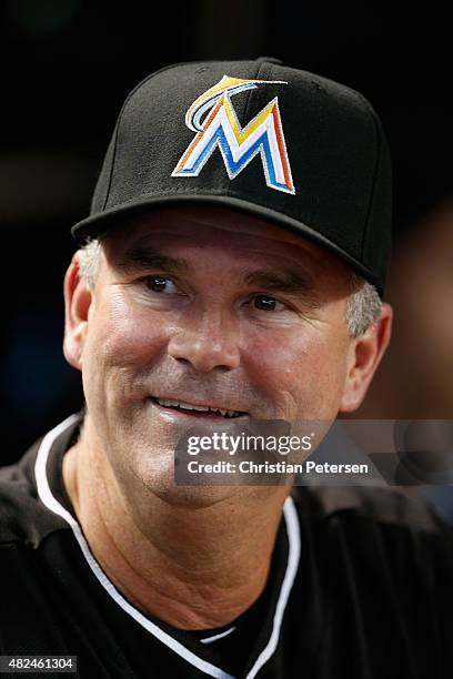 Manager Dan Jennings of the Miami Marlins in the dugout during the MLB game against the Arizona Diamondbacks at Chase Field on July 22, 2015 in...