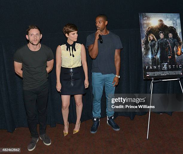 Jamie Bell, Kate Mara and Michael B. Jordan attend "Fantastic Four" red carpet screening at Cinebistro on July 30, 2015 in Atlanta, Georgia.