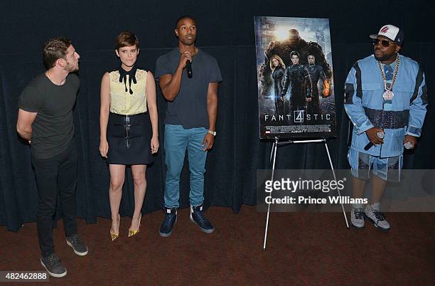 Jamie Bell, Kate Mara, Michael B. Jordan and Big Boi attend "Fantastic Four" red carpet screening at Cinebistro on July 30, 2015 in Atlanta, Georgia.