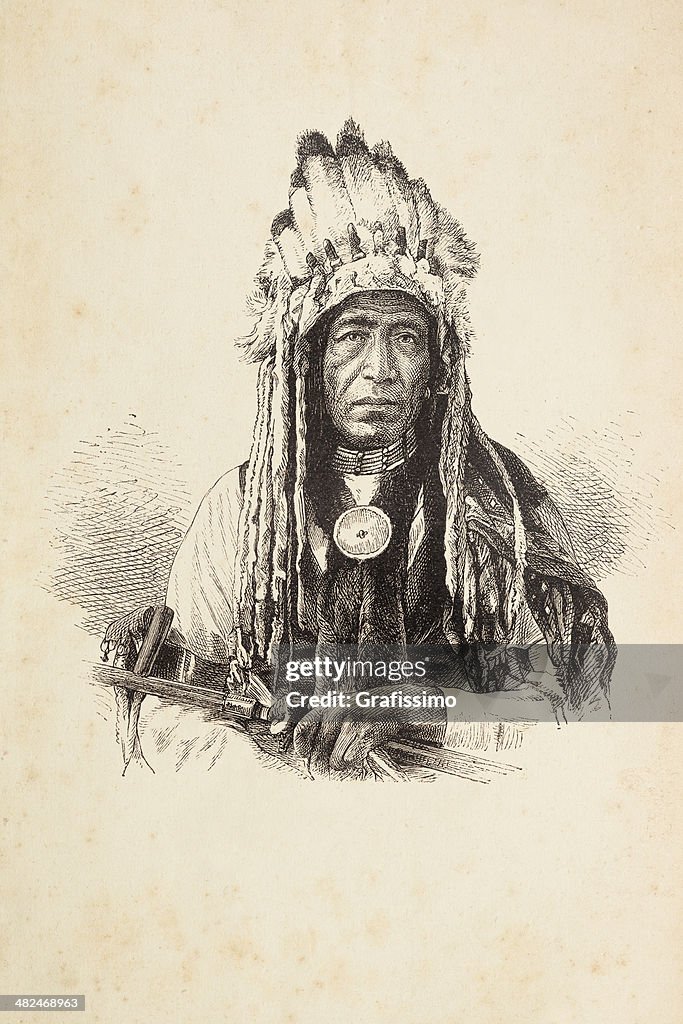 Engraving of native american tribal chief with headdress