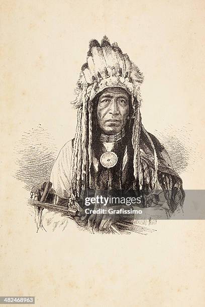 engraving of native american tribal chief with headdress - indian costume 幅插畫檔、美工圖案、卡通及圖標