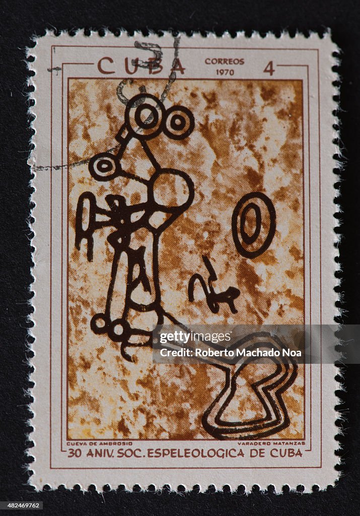 Cuban postal stamp of 1970 showing  Petroglyphs in Cuban...