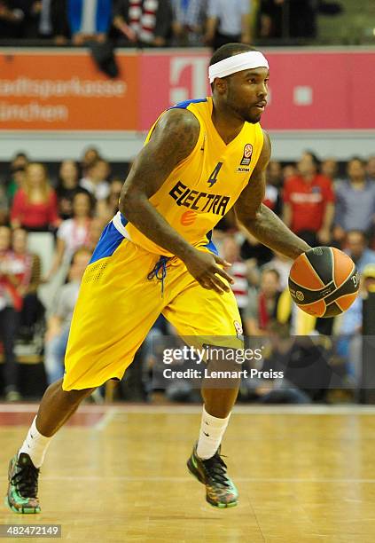 Tyrese Rice of Tel Aviv in action during the Turkish Airlines Euroleague Top 16 Round 13 Group F basketball match between FC Bayern Muenchen and...