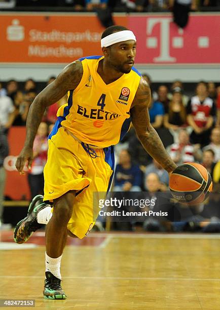 Tyrese Rice of Tel Aviv in action during the Turkish Airlines Euroleague Top 16 Round 13 Group F basketball match between FC Bayern Muenchen and...