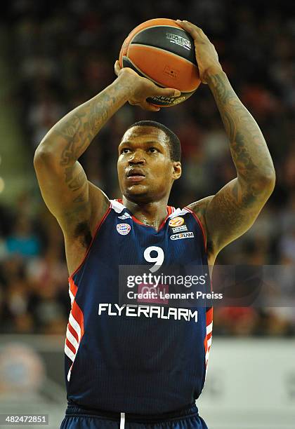 Deon Thompson of Munich in action during the Turkish Airlines Euroleague Top 16 Round 13 Group F basketball match between FC Bayern Muenchen and...