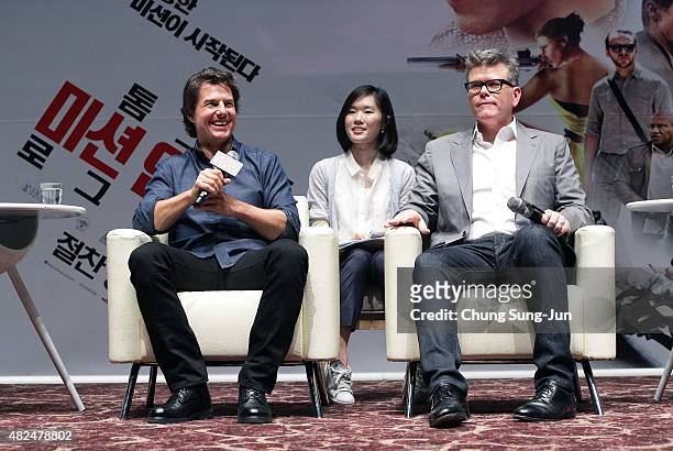 Tom Cruise and Christopher McQuarrie make a guest appearance at the screening of 'Mission: Impossible - Rogue Nation' at the Superplex G theater,...