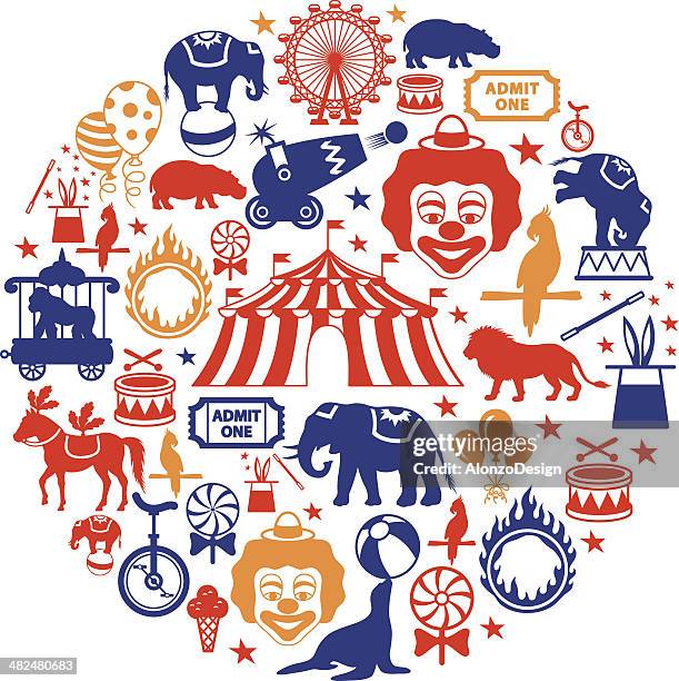 illustrazioni stock, clip art, cartoni animati e icone di tendenza di collage di circo - circo