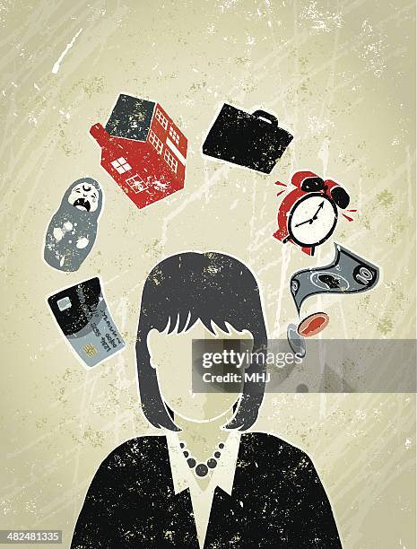 businesswoman's head surrounded by life work money symbols - over burdened stock illustrations