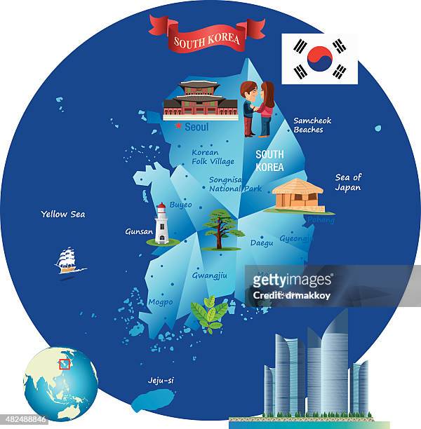bildbanksillustrationer, clip art samt tecknat material och ikoner med cartoon map of south korea - inchon
