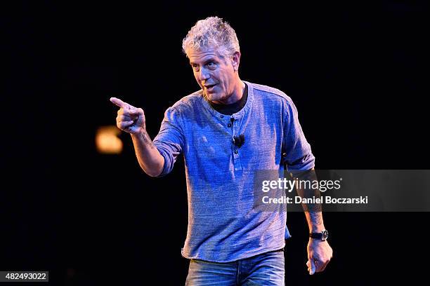 Anthony Bourdain speaks on stage during the Close to the Bone Tour at Auditorium Theatre on July 30, 2015 in Chicago, Illinois.