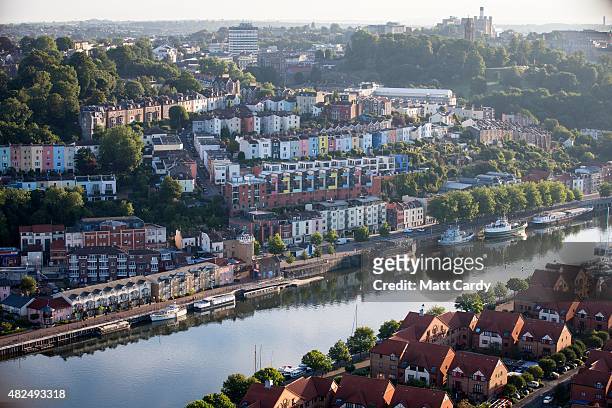 General view of housing and streets are seen during a preview flight to launch next week's Tribute Bristol International Balloon Fiesta on July 31,...