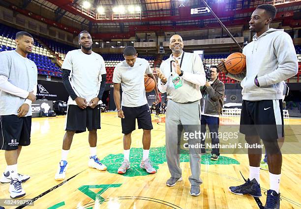 Head Coach Lionel Hollins of Team World smiles during practice for the NBA Africa Game 2015 as part of Basketball Without Borders on July 31, 2015 at...