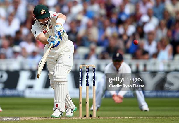 Peter Nevill of Australia plays and is caight by Jos Buttler of England off the bowling of Steven Finn of England during day three of the 3rd...