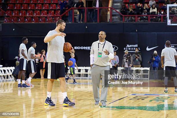 Marc Gasol of Team World with Head Coach Lionel Hollins of Team World during practice for the NBA Africa Game 2015 as part of Basketball Without...