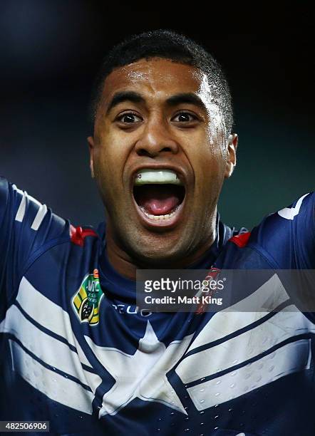 Michael Jennings his second try during the round 21 NRL match between the Sydney Roosters and the Canterbury Bulldogs at Allianz Stadium on July 31,...