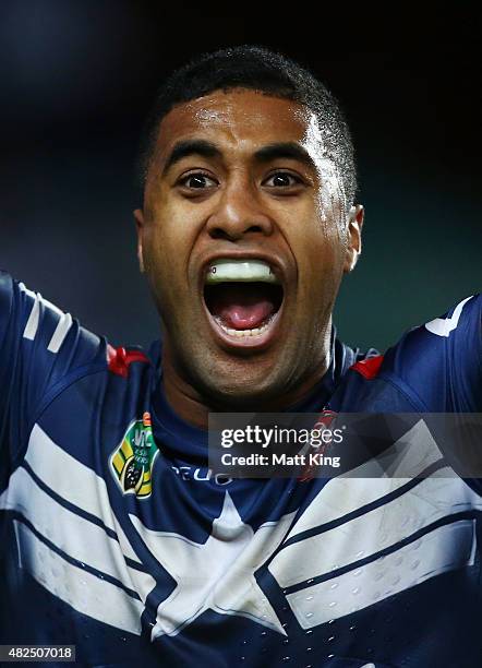 Michael Jennings his second try during the round 21 NRL match between the Sydney Roosters and the Canterbury Bulldogs at Allianz Stadium on July 31,...