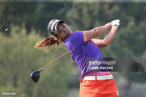 Mayu Hamada of Japan hits her tee shot on the 1st hole during the final round of the LPGA Pro Test QT at the Kodama Golf Club on July 31, 2015 in...