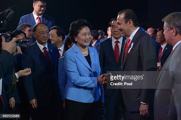Chinese Vice Premier Liu Yandong and Kazakhstan's Prime Minister Karim Massimov after Beijing was elected to host the 2022 Olympic Winter Games at...