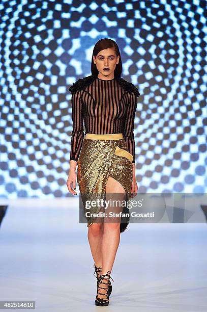 Model walks the runway in a design by Zhivago at Styleaid Go Go 2015 at Crown Perth on July 31, 2015 in Perth, Australia.