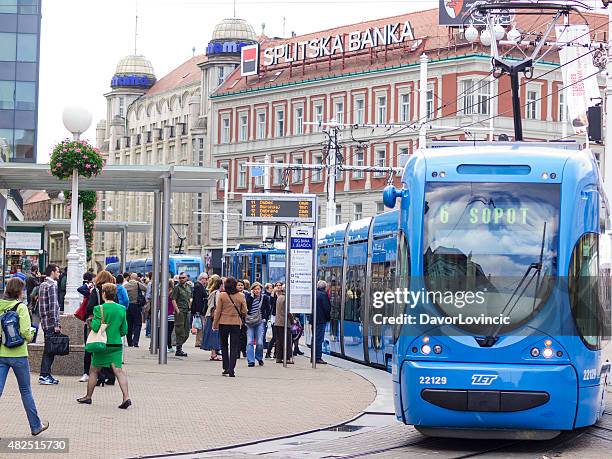 tram at ban jelacic square in zagreb, croatia. - zagreb tram stock pictures, royalty-free photos & images