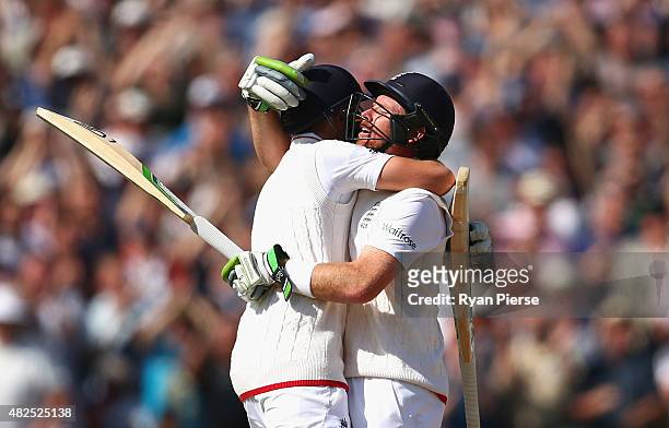 Joe Root of England and Ian Bell of England celebrate after scoring the winning runs during day three of the 3rd Investec Ashes Test match between...
