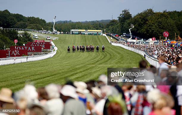 General view as runners near the finish at Goodwood racecourse on July 31, 2015 in Chichester, England.