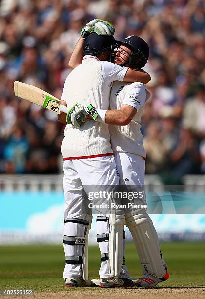 Joe Root of England and Ian Bell of England celebrate after scoring the winning runs during day three of the 3rd Investec Ashes Test match between...