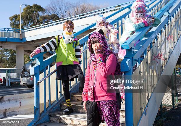 portrait of four japanese teens in harajuku, tokyo - tokyo fashion stock pictures, royalty-free photos & images