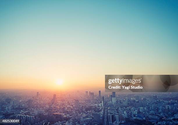 cityscape in tokyo at sunset elevated view - japon photos et images de collection