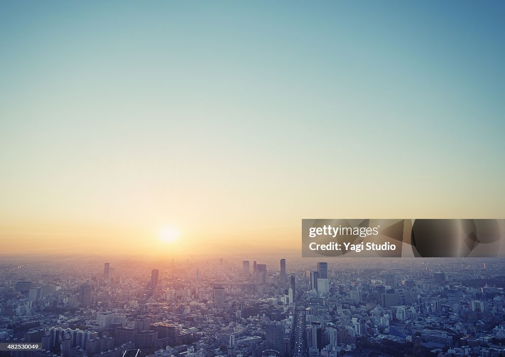 Cityscape in Tokyo at sunset elevated view